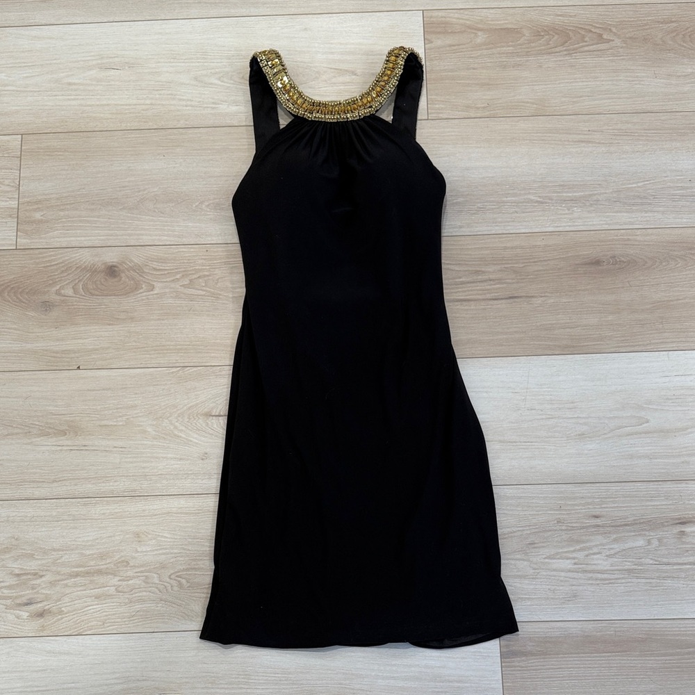 La Femme Black Mini Dress with Gold Detailing